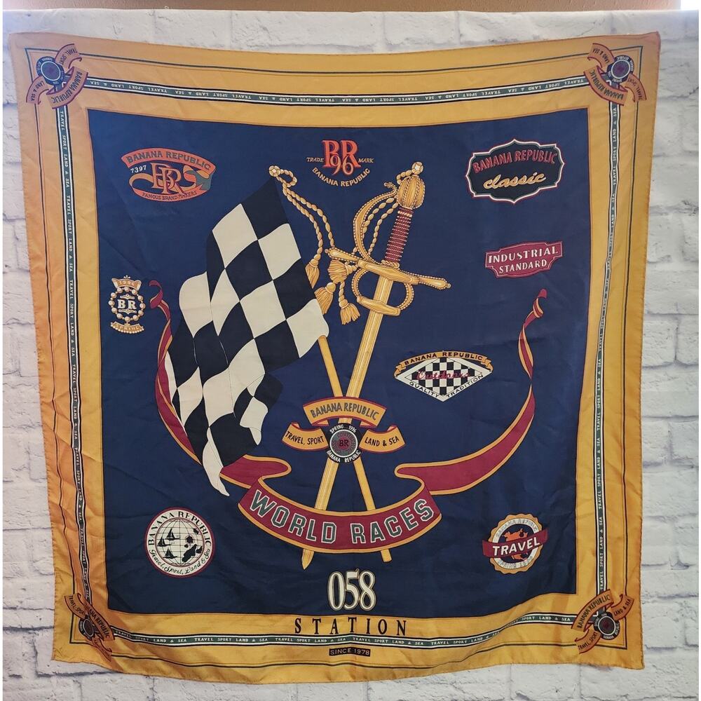 Rare Vintage Banana Republic Silk Scarf 1996 Spring World Races Travel 34x34"